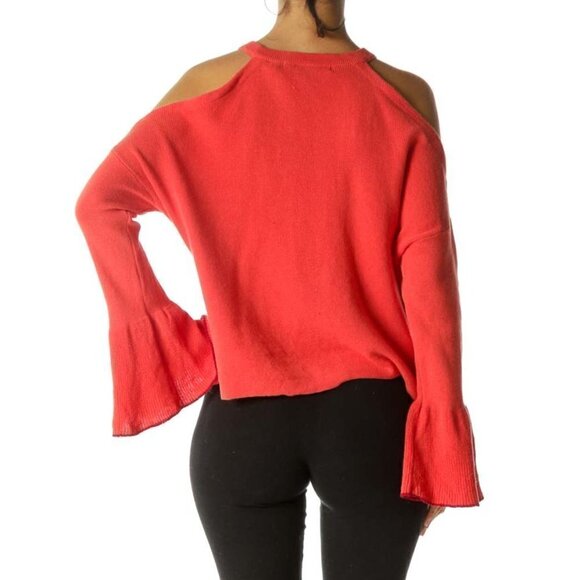 KNITTED & KNOTTED Coral Orange 100% Cotton Cold Shoulder Knit Sweater - Picture 3 of 3